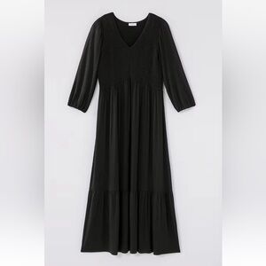 J.Jill Smocked Bodice Tiered Flounced Hem Black Midi Dress Size Medium